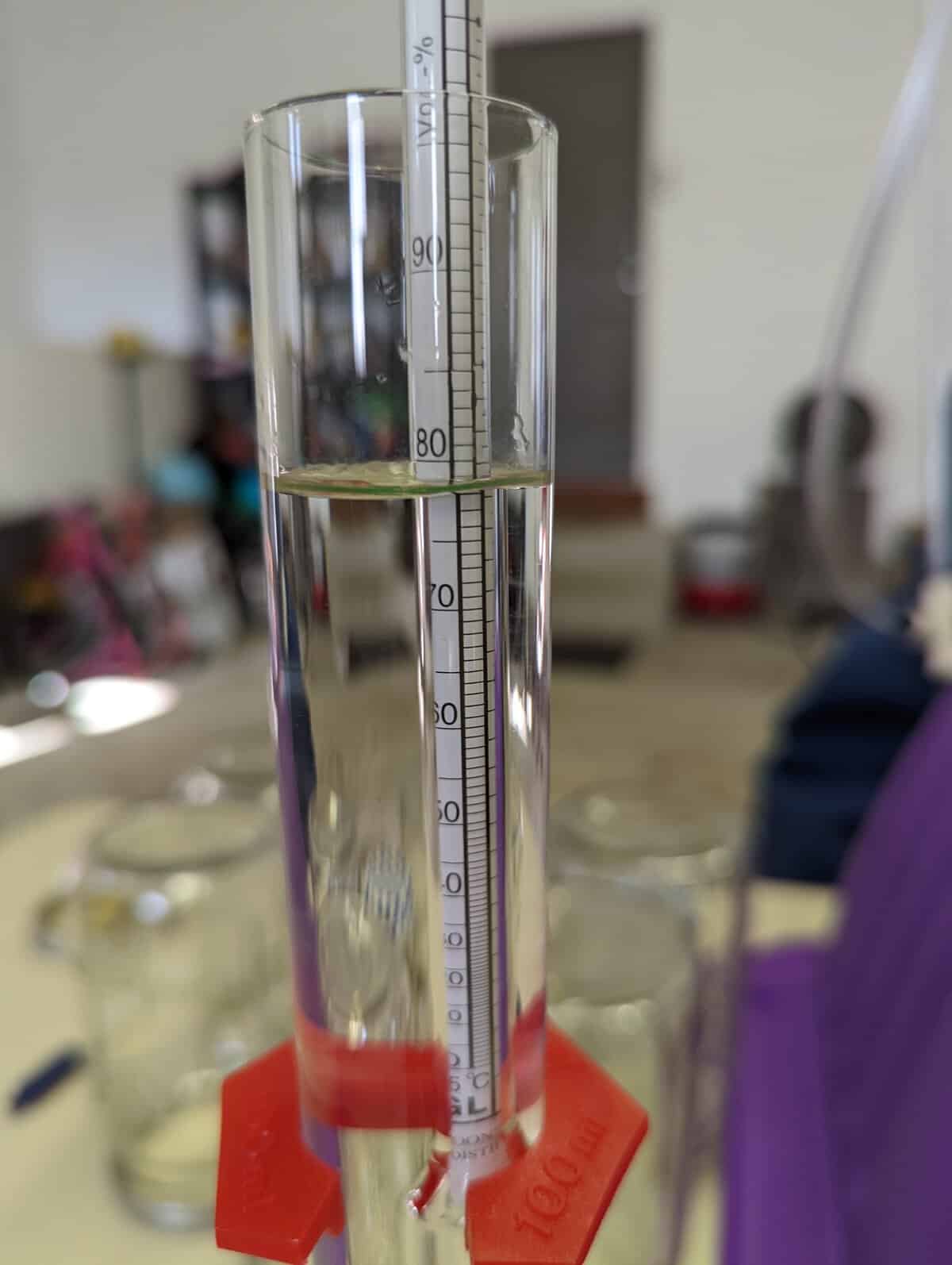 Hydrometer reading of FFV Fast Fermenting Vodka 79%ABV