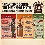 An infographic titled "The Science Behind the Methanol Myth," illustrating safe distilling practices versus prohibition-era poisoning, with sections on natural fermentation and removing foreshots.