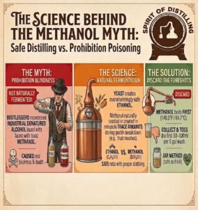 An infographic titled "The Science Behind the Methanol Myth," illustrating safe distilling practices versus prohibition-era poisoning, with sections on natural fermentation and removing foreshots.