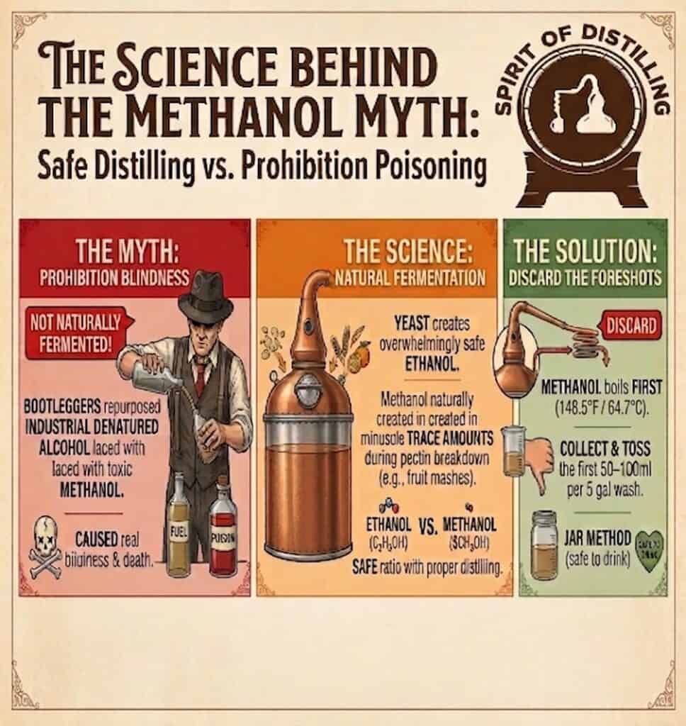 science-of-distilling-methanol-myth An infographic titled "The Science Behind the Methanol Myth," illustrating safe distilling practices versus prohibition-era poisoning, with sections on natural fermentation and removing foreshots.