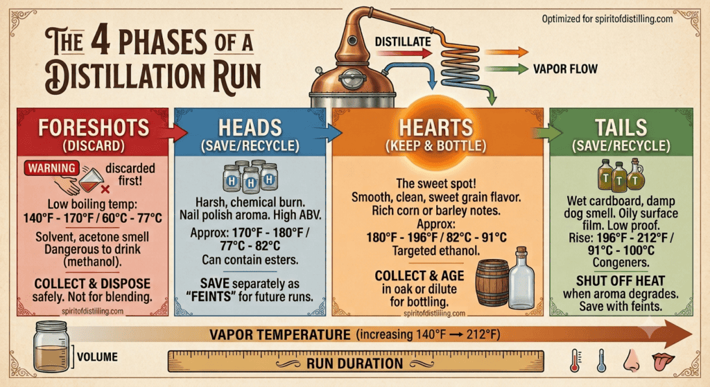 the_science_of_cuts Infographic showing the 4 phases of home distilling cuts: foreshots, heads, hearts, and tails