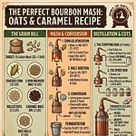 Infographic showing a 15-gallon oats and caramel bourbon mash bill recipe, including grain proportions, step-by-step mash schedule, and distillation cut points.