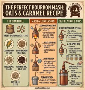Infographic showing a 15-gallon oats and caramel bourbon mash bill recipe, including grain proportions, step-by-step mash schedule, and distillation cut points.