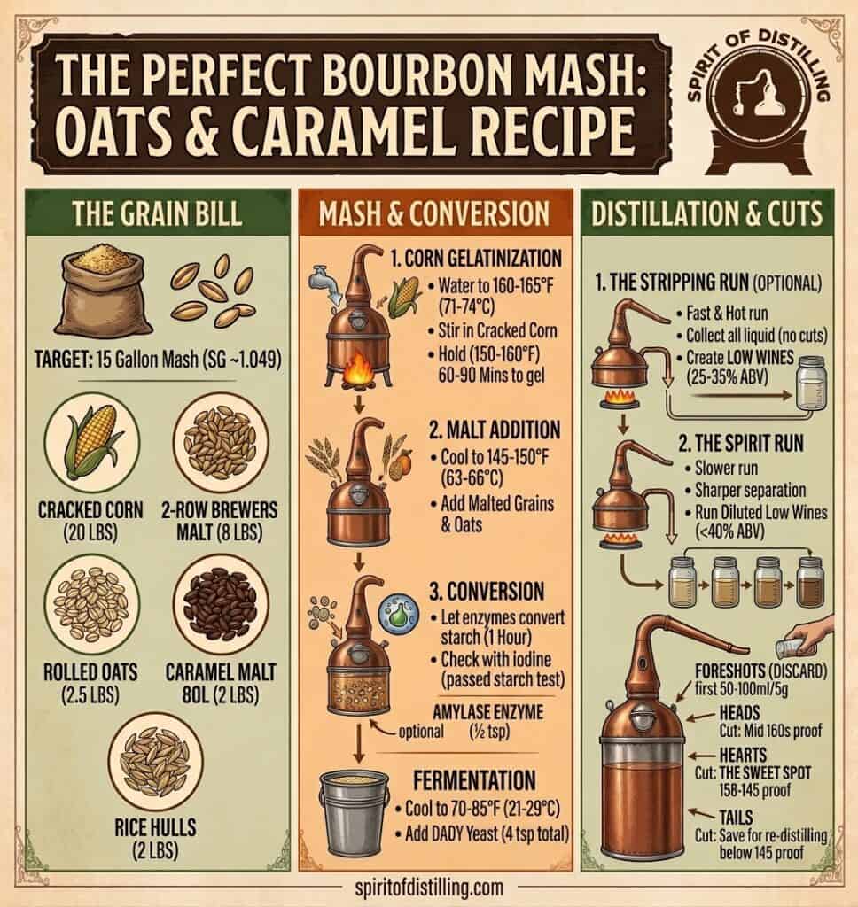oats-caramel-bourbon-mash-recipe-infographic Infographic showing a 15-gallon oats and caramel bourbon mash bill recipe, including grain proportions, step-by-step mash schedule, and distillation cut points.